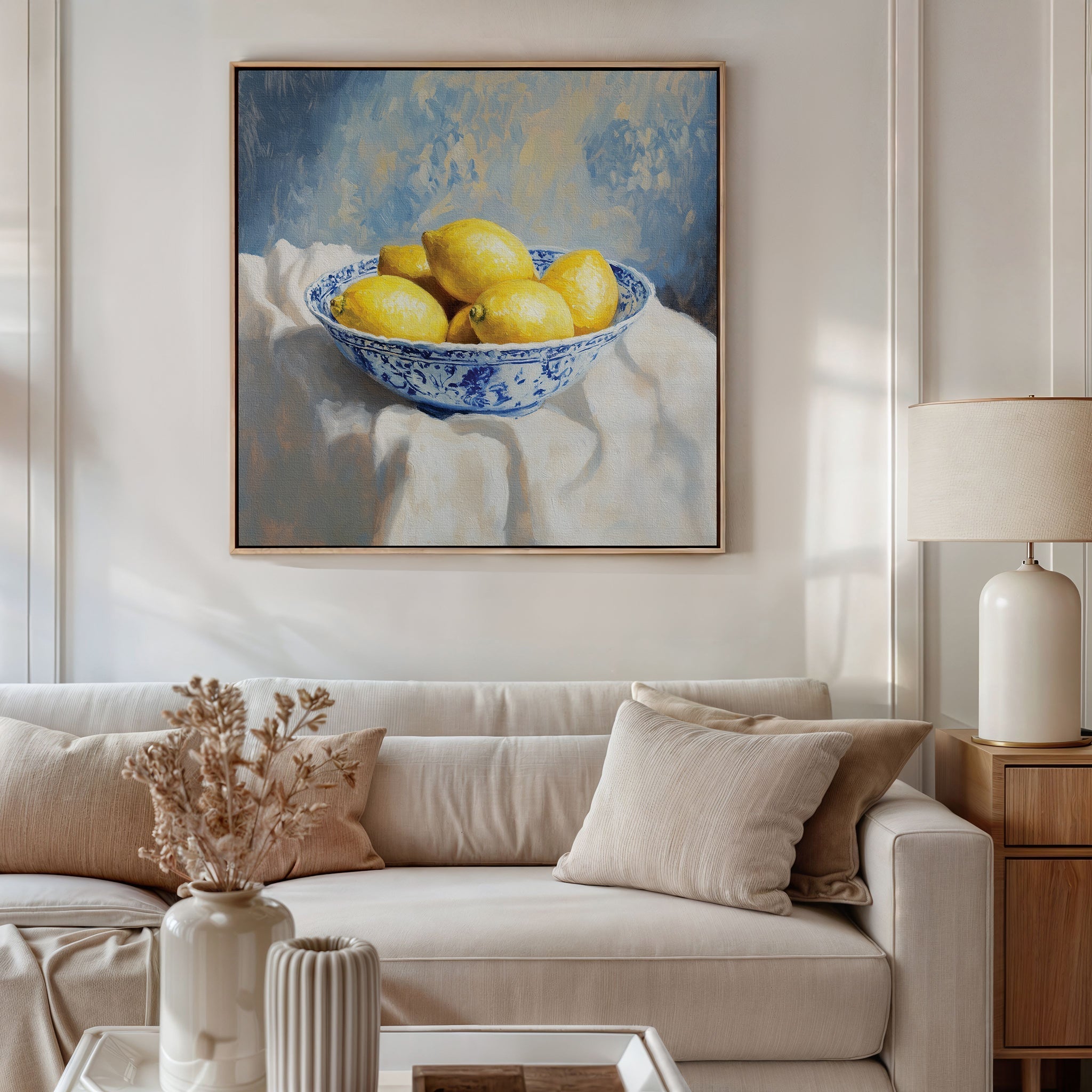 Citrus & Cobalt Reverie – golden yellow vintage canvas wall art print by Aspire Prints