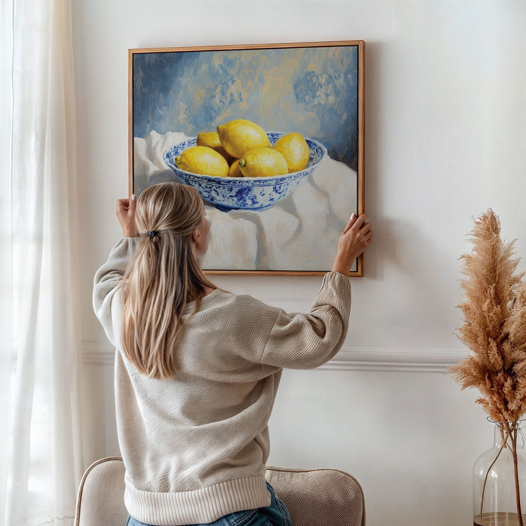 Citrus & Cobalt Reverie – golden yellow vintage canvas wall art print by Aspire Prints
