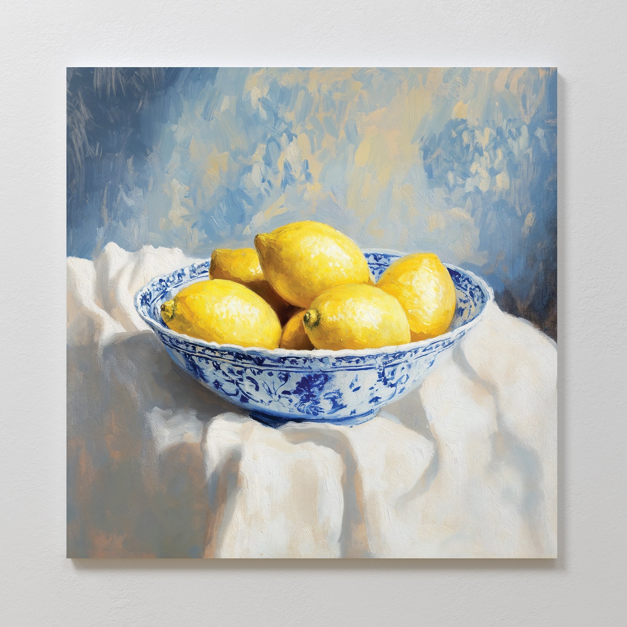 Citrus & Cobalt Reverie – golden yellow vintage canvas wall art print by Aspire Prints