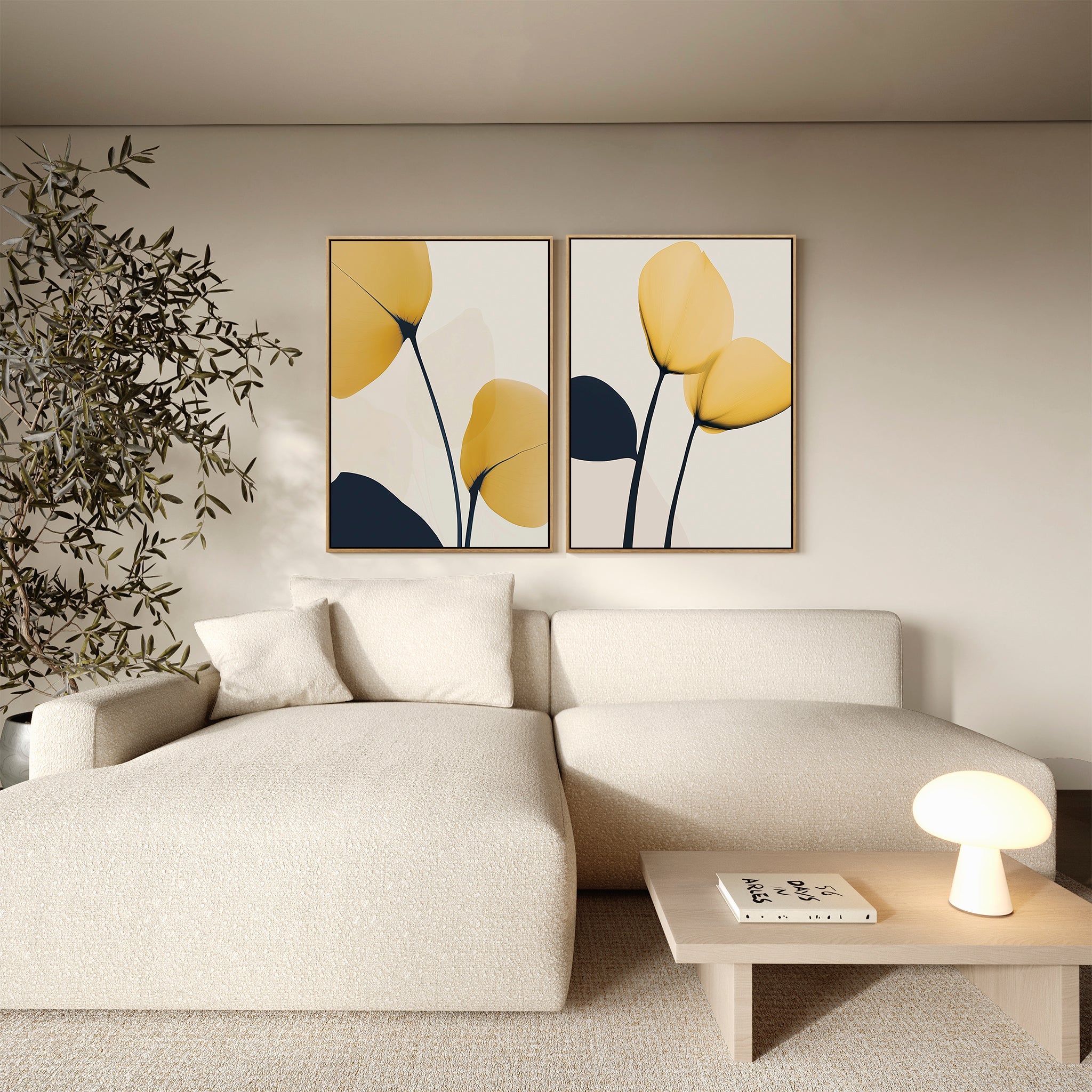 Gilded Whispers – Set of 2 Canvas Prints set of 2 – golden yellow botanical canvas wall art by Aspire Prints