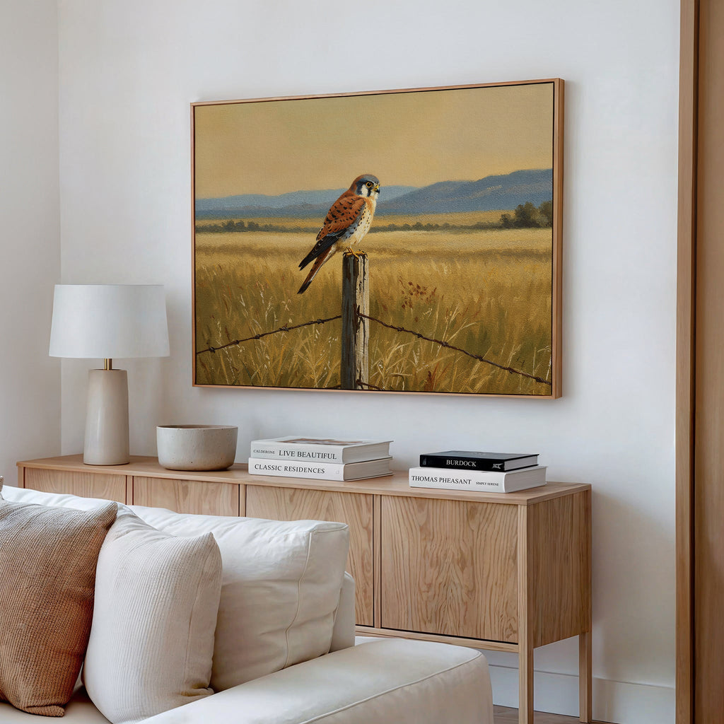 Kestrel's Quiet Vigil – neutral-toned vintage canvas wall art print by Aspire Prints