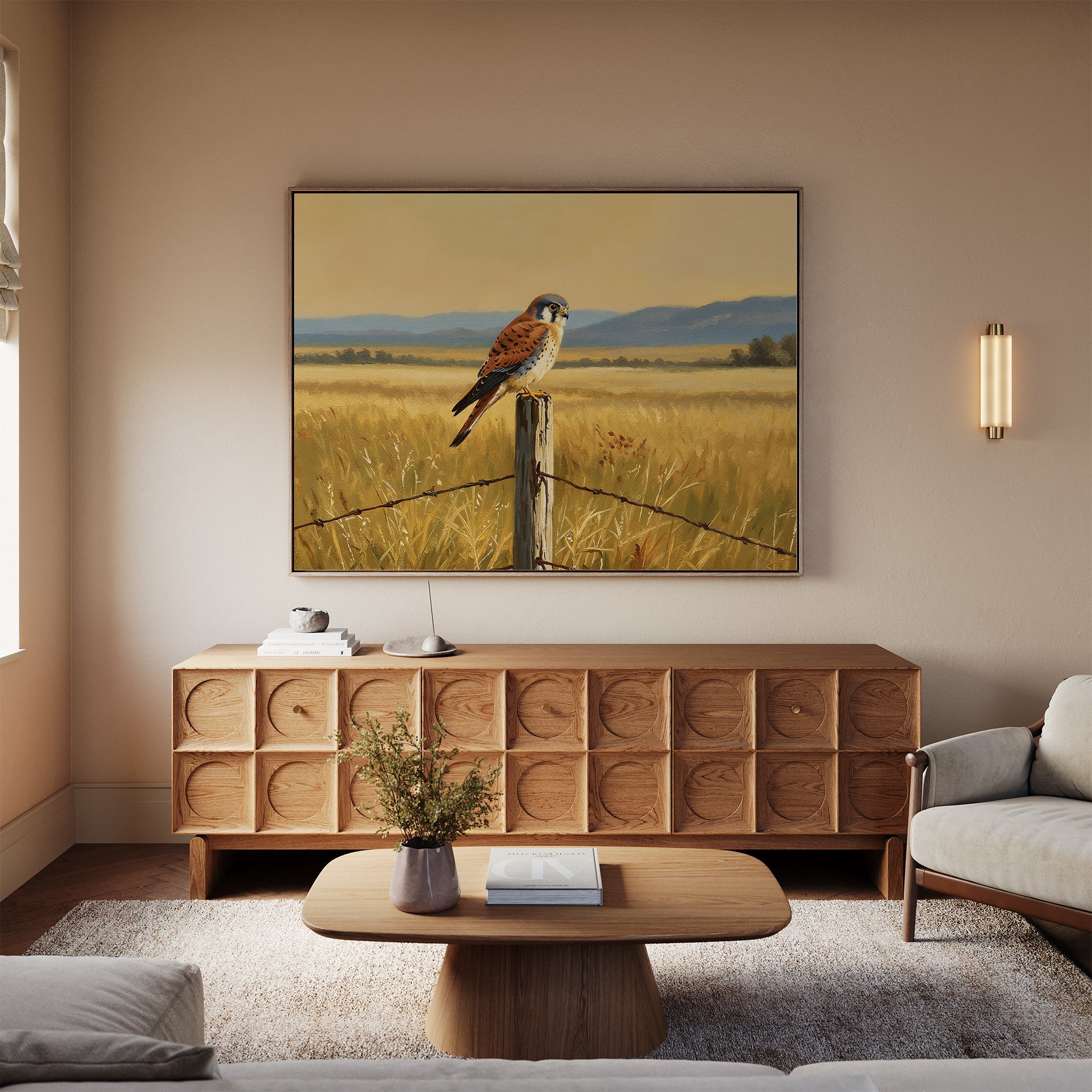 Kestrel's Quiet Vigil – neutral-toned vintage canvas wall art print by Aspire Prints