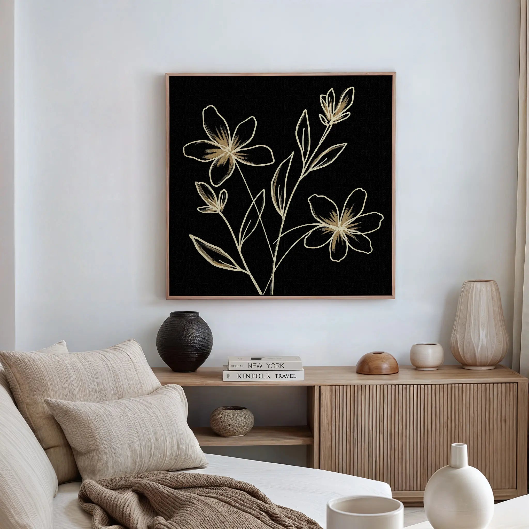 Whispers in Gold – black botanical canvas wall art print by Aspire Prints