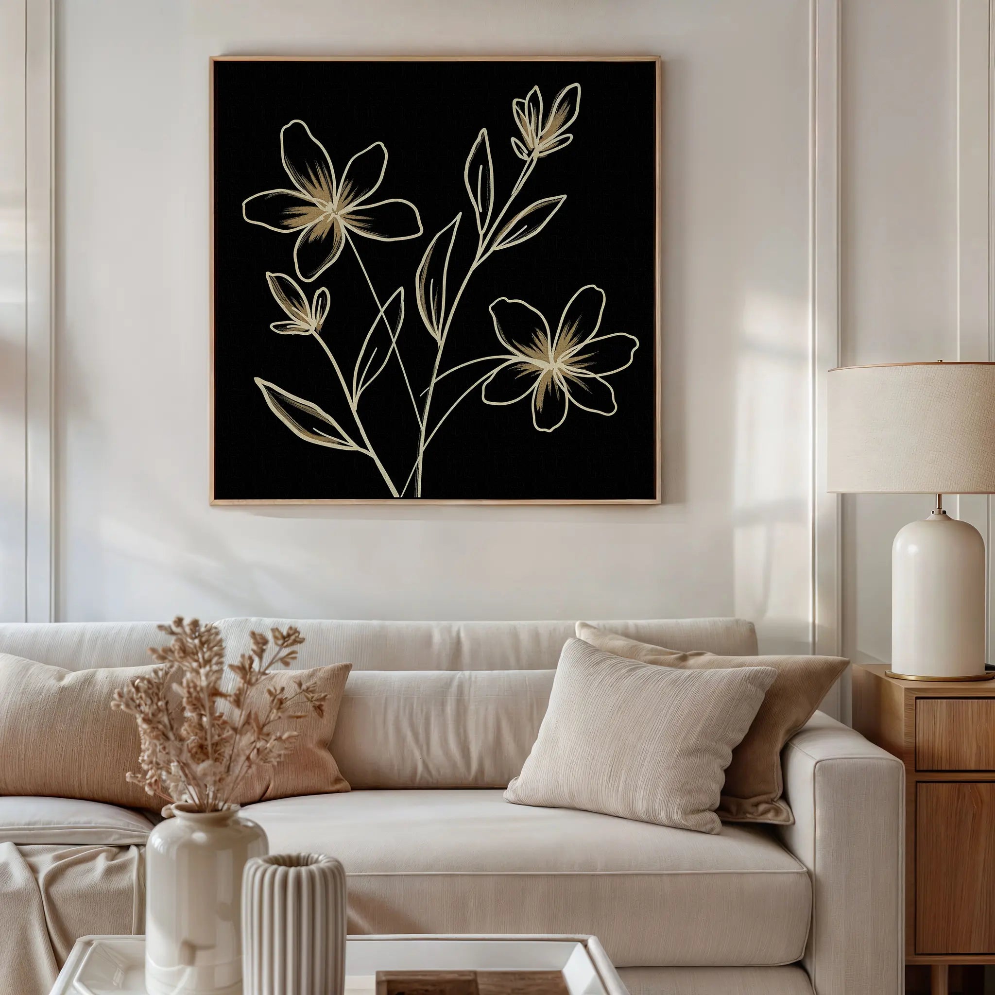 Whispers in Gold – black botanical canvas wall art print by Aspire Prints
