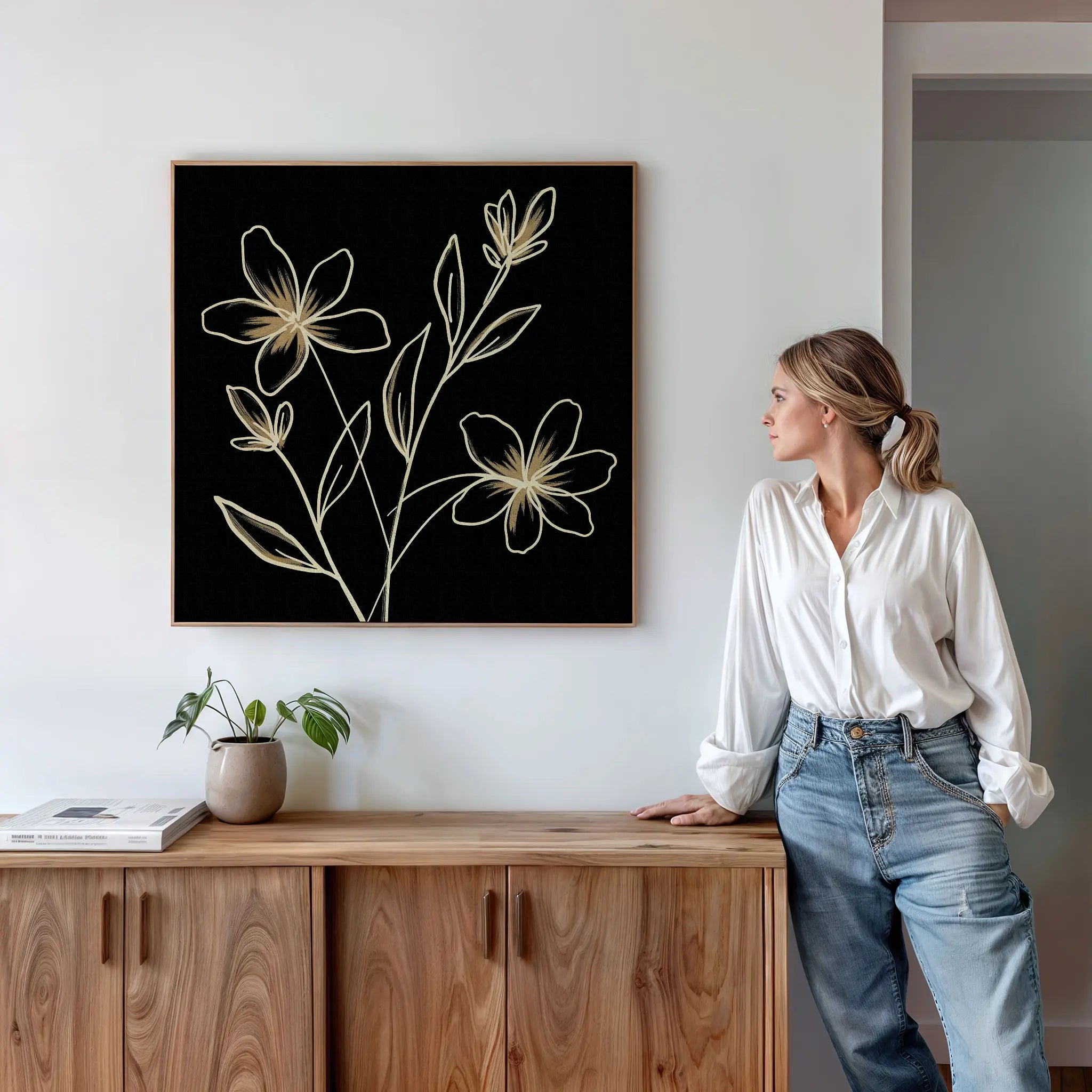 Whispers in Gold – black botanical canvas wall art print by Aspire Prints