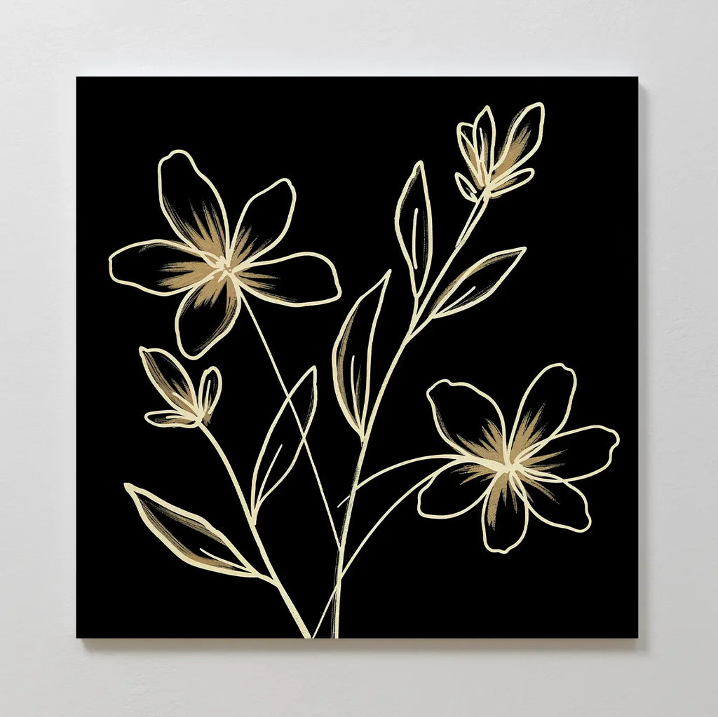 Whispers in Gold – black botanical canvas wall art print by Aspire Prints