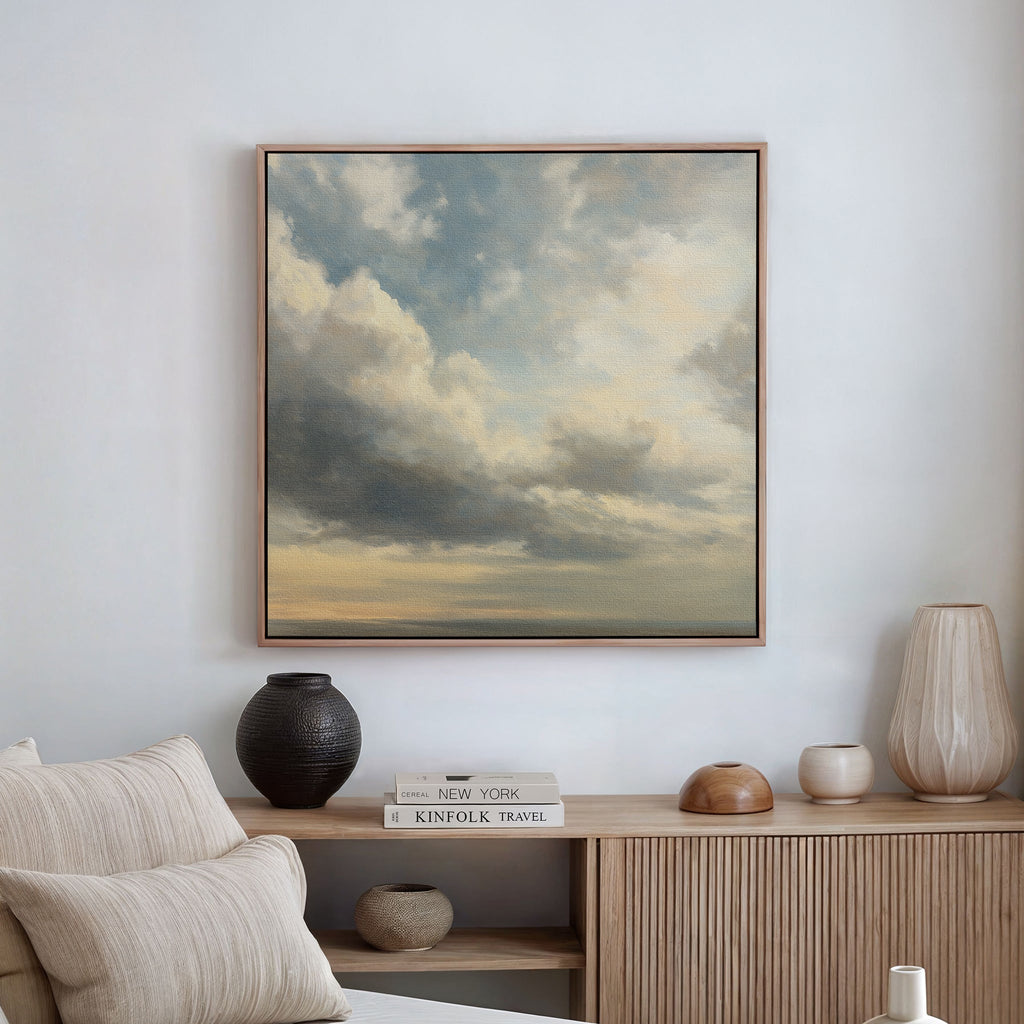 Whispered Skies Above – beige and white cloud canvas wall art print by Aspire Prints