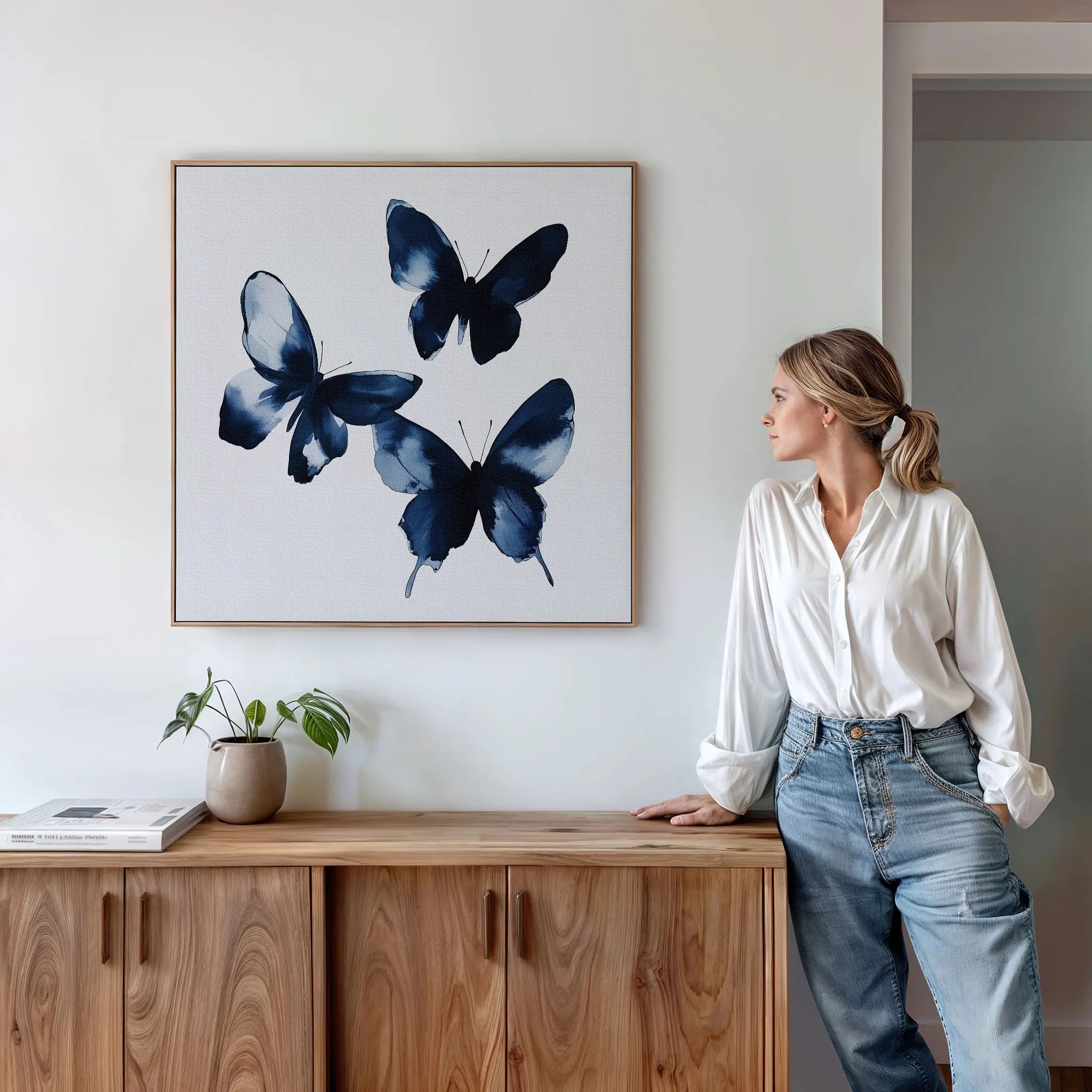 Midnight Wings in Bloom – blue botanical canvas wall art print by Aspire Prints