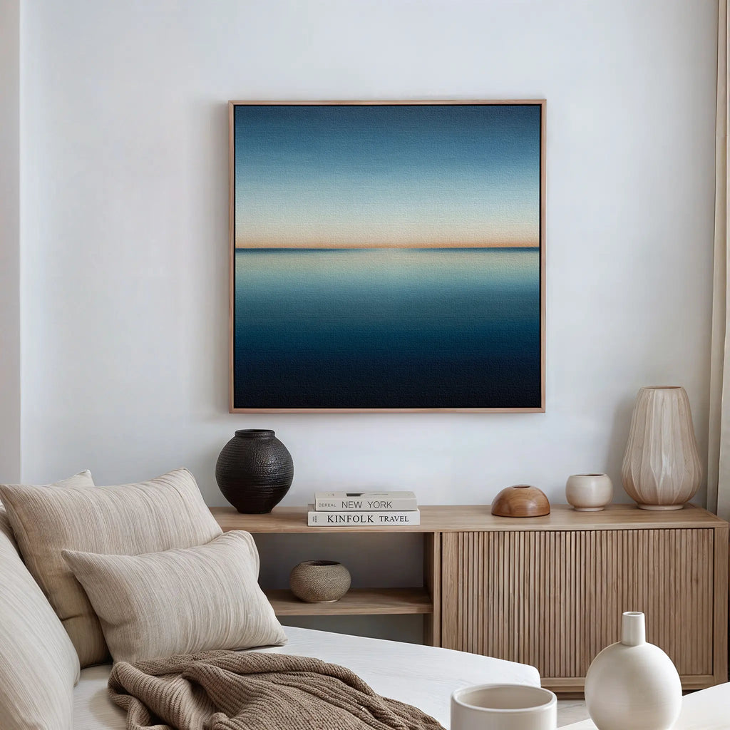 Indigo Horizon Whisper – blue coastal canvas wall art print by Aspire Prints