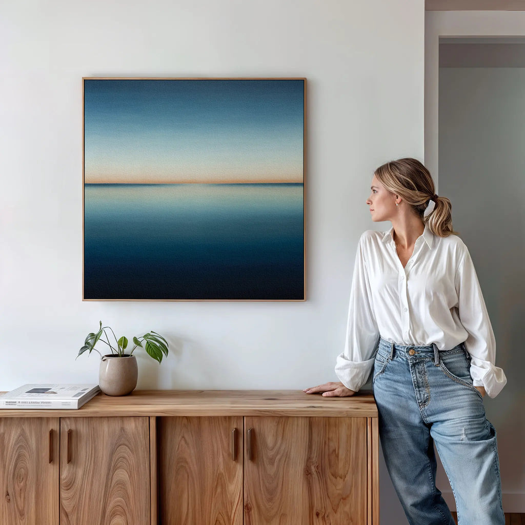 Indigo Horizon Whisper – blue coastal canvas wall art print by Aspire Prints