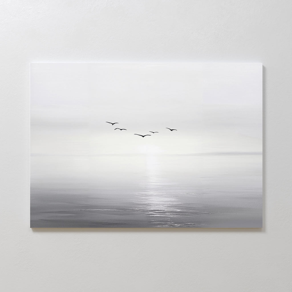 Whispers Across the Tide – black and white coastal canvas wall art print by Aspire Prints