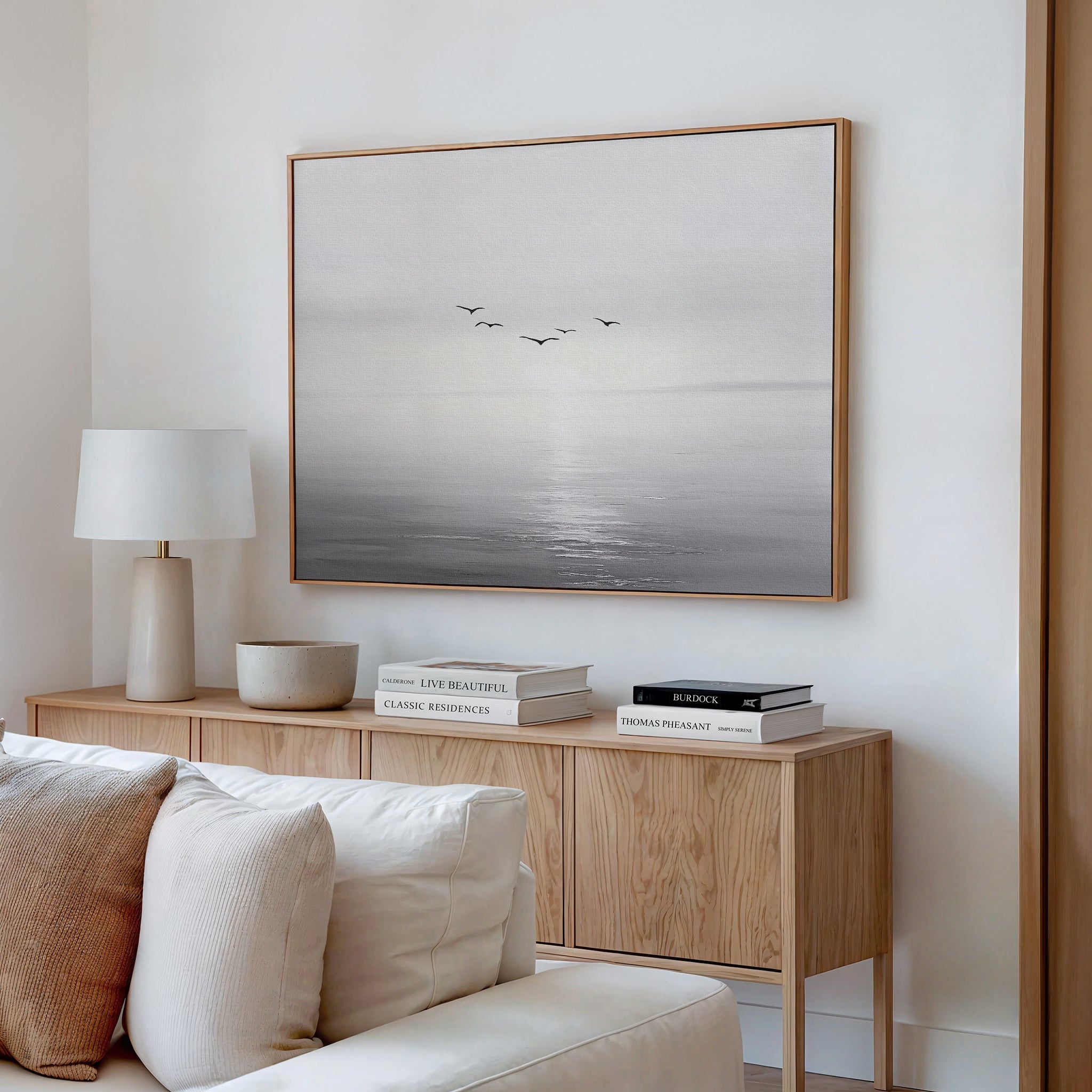 Whispers Across the Tide – black and white coastal canvas wall art print by Aspire Prints