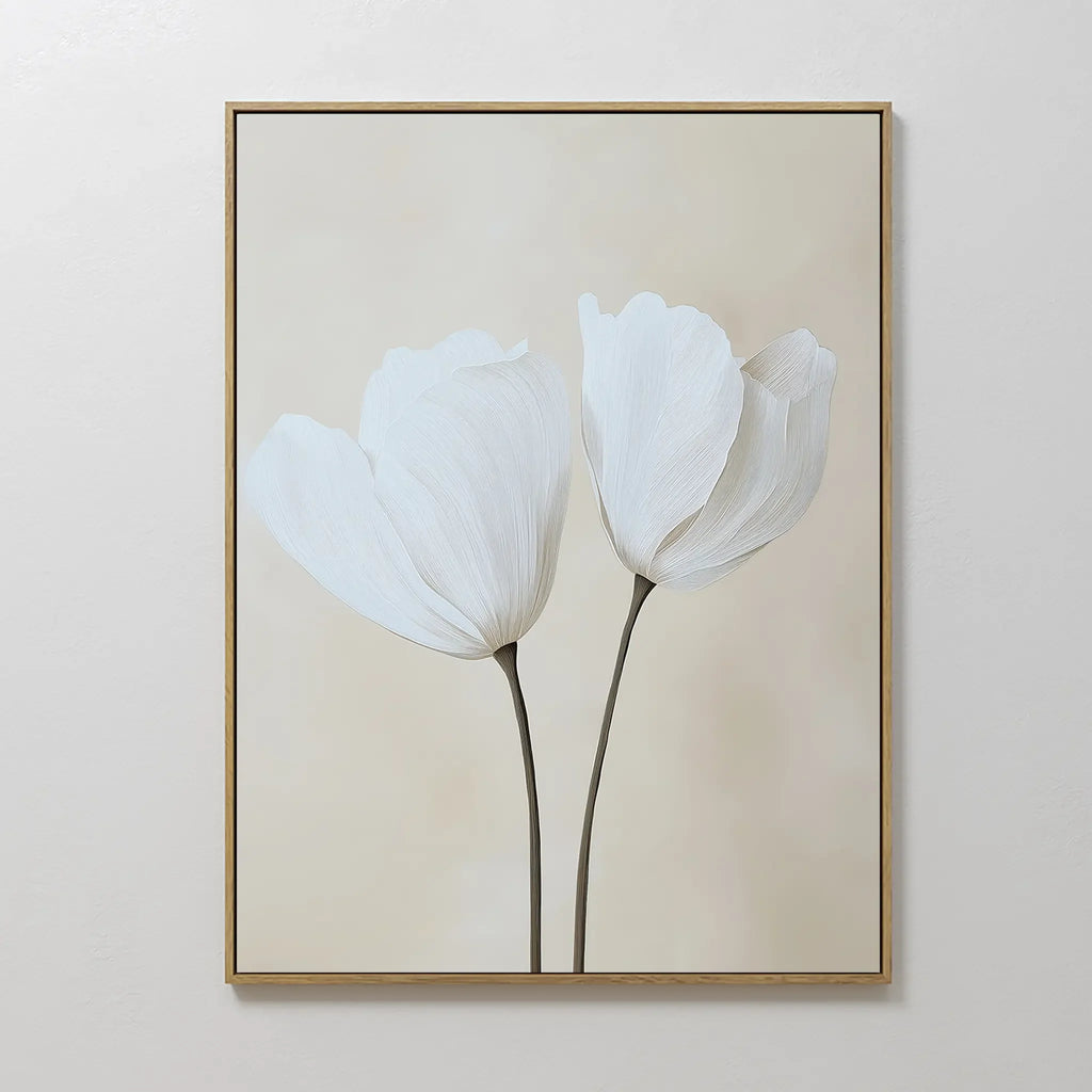 Whispers in Bloom – beige and white botanical canvas wall art print by Aspire Prints