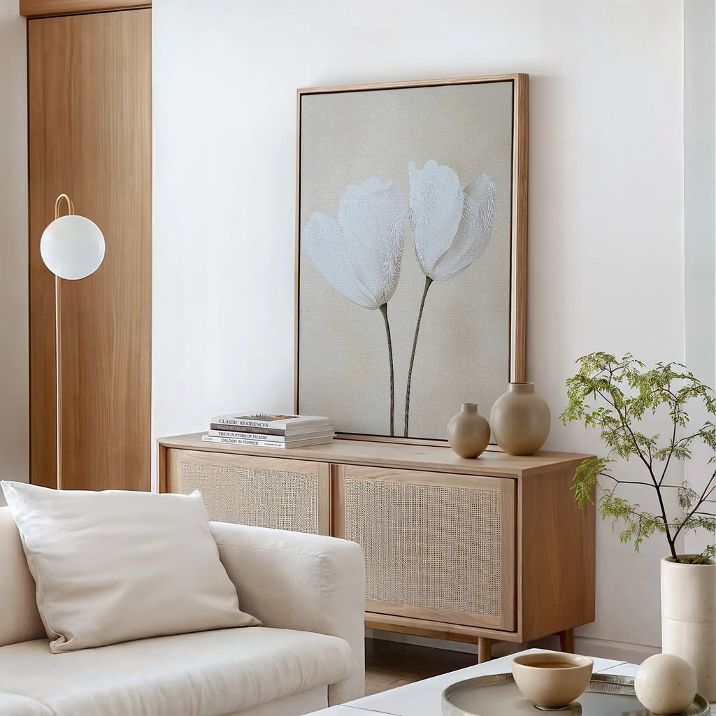 Whispers in Bloom – beige and white botanical canvas wall art print by Aspire Prints