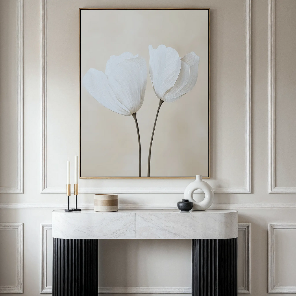 Whispers in Bloom – beige and white botanical canvas wall art print by Aspire Prints