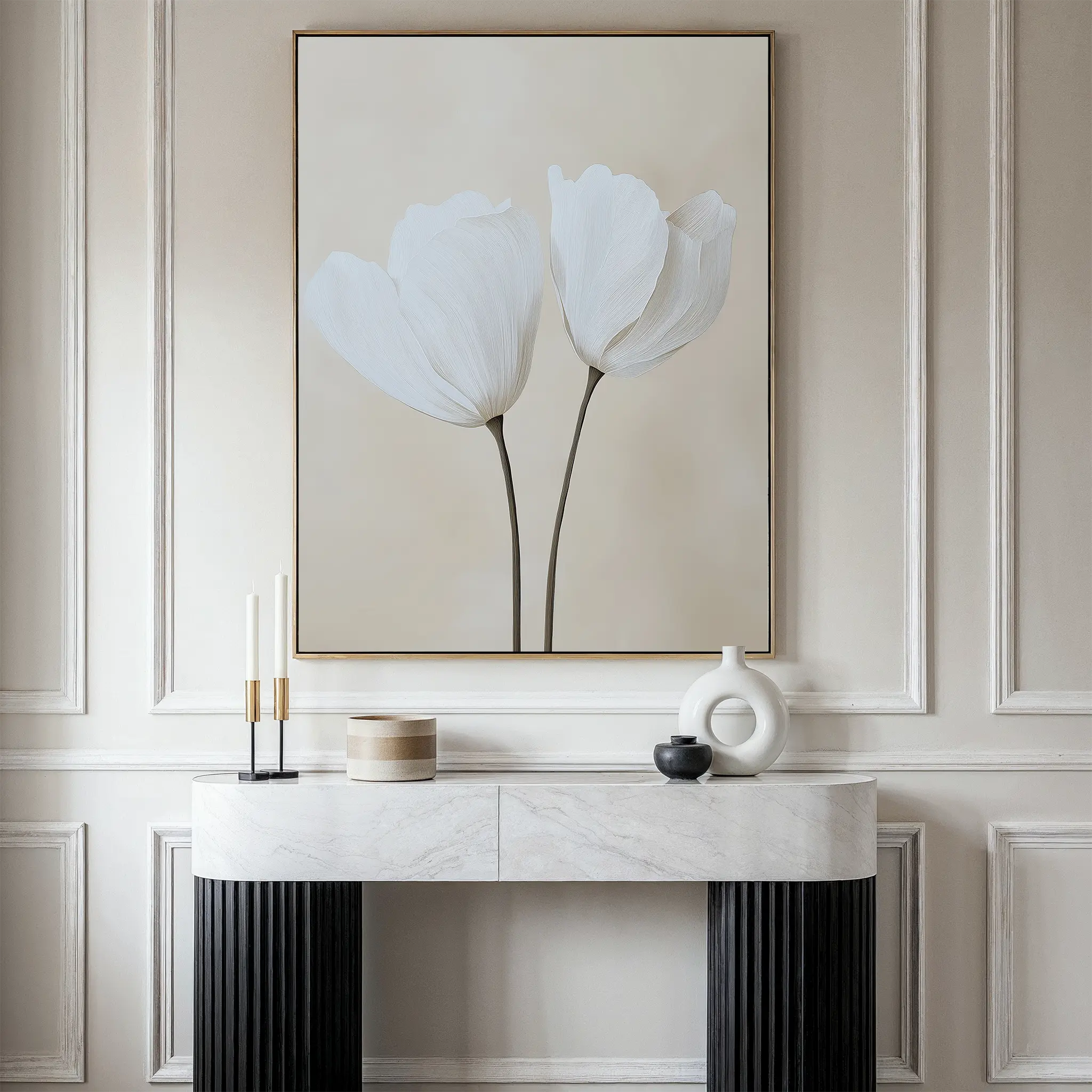Whispers in Bloom – beige and white botanical canvas wall art print by Aspire Prints