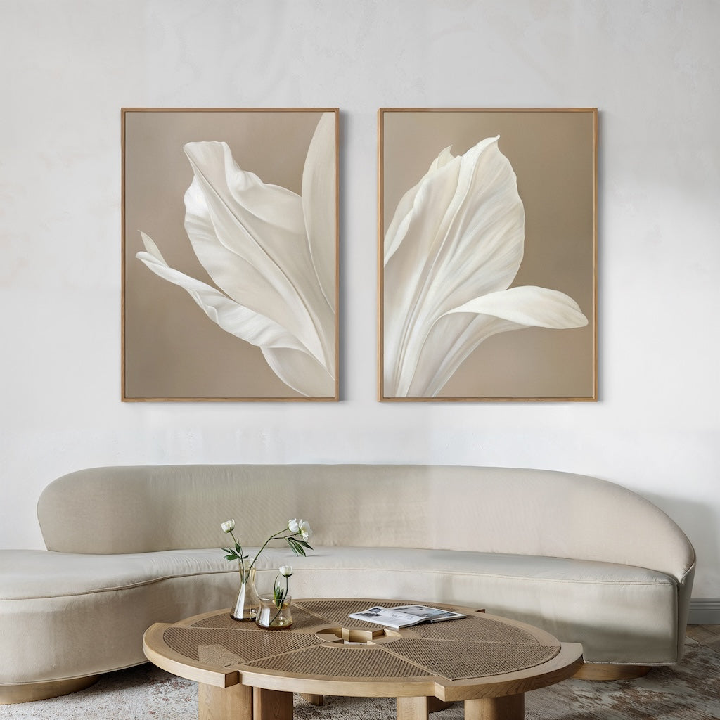 Whispering Bloom Diptych – Set of 2 Canvas Prints set of 2 – beige and white botanical canvas wall art by Aspire Prints