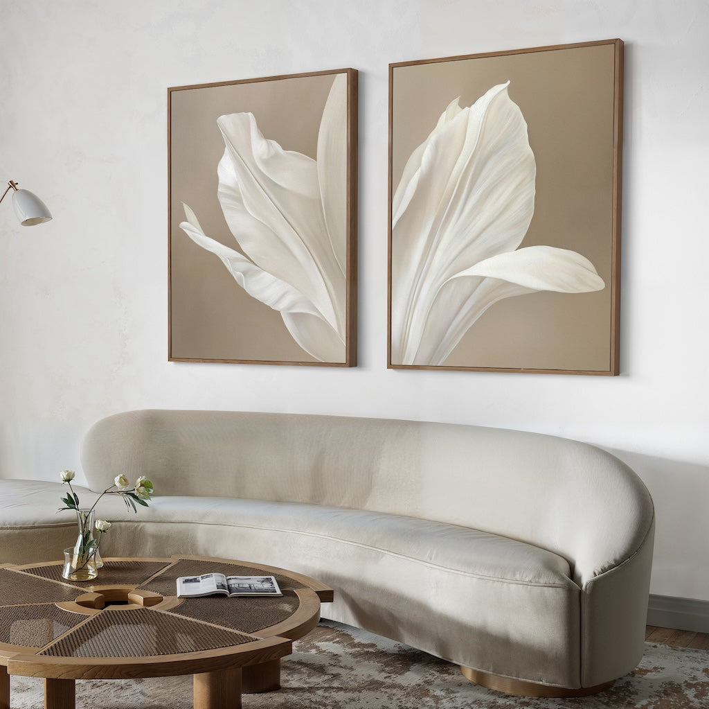 Whispering Bloom Diptych – Set of 2 Canvas Prints set of 2 – beige and white botanical canvas wall art by Aspire Prints