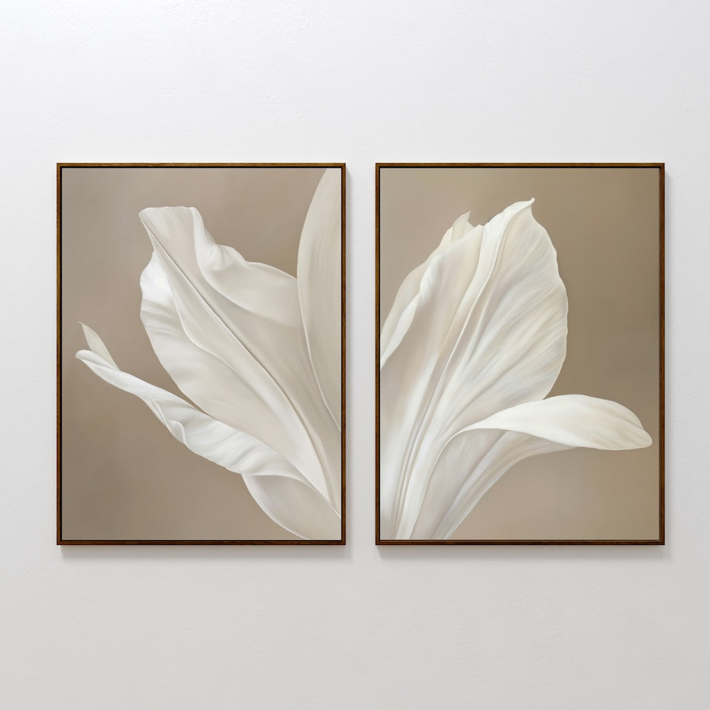 Whispering Bloom Diptych – Set of 2 Canvas Prints set of 2 – beige and white botanical canvas wall art by Aspire Prints