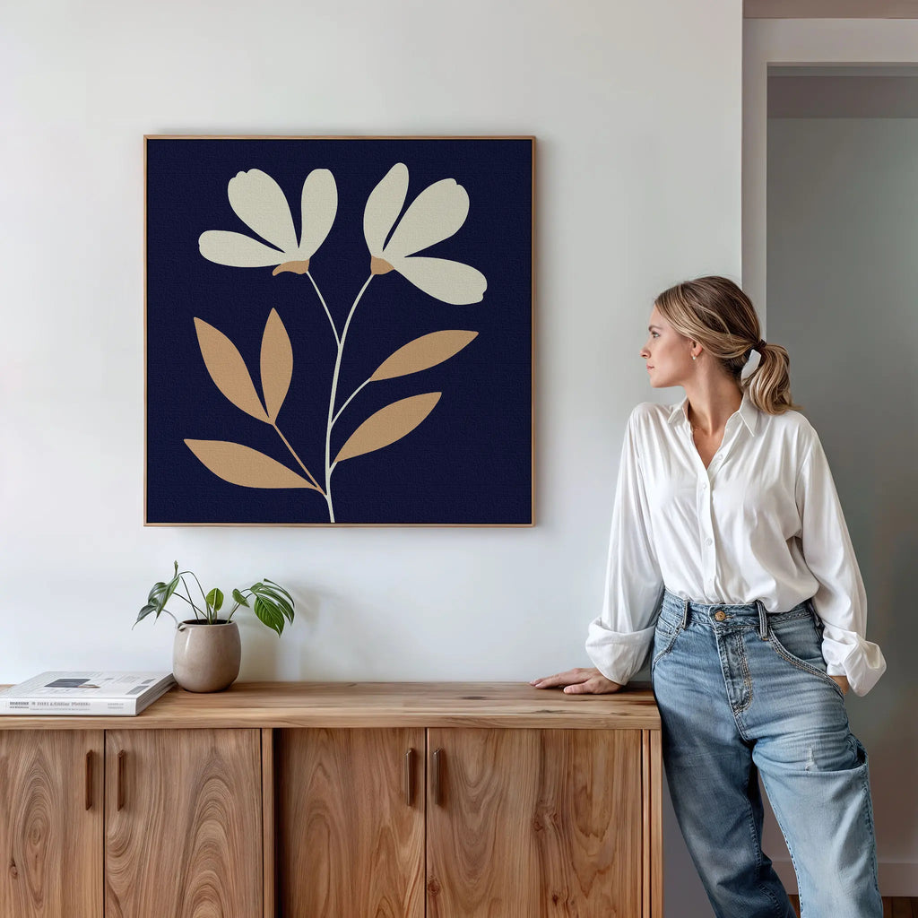 Midnight Bloom Whisper – blue botanical canvas wall art print by Aspire Prints