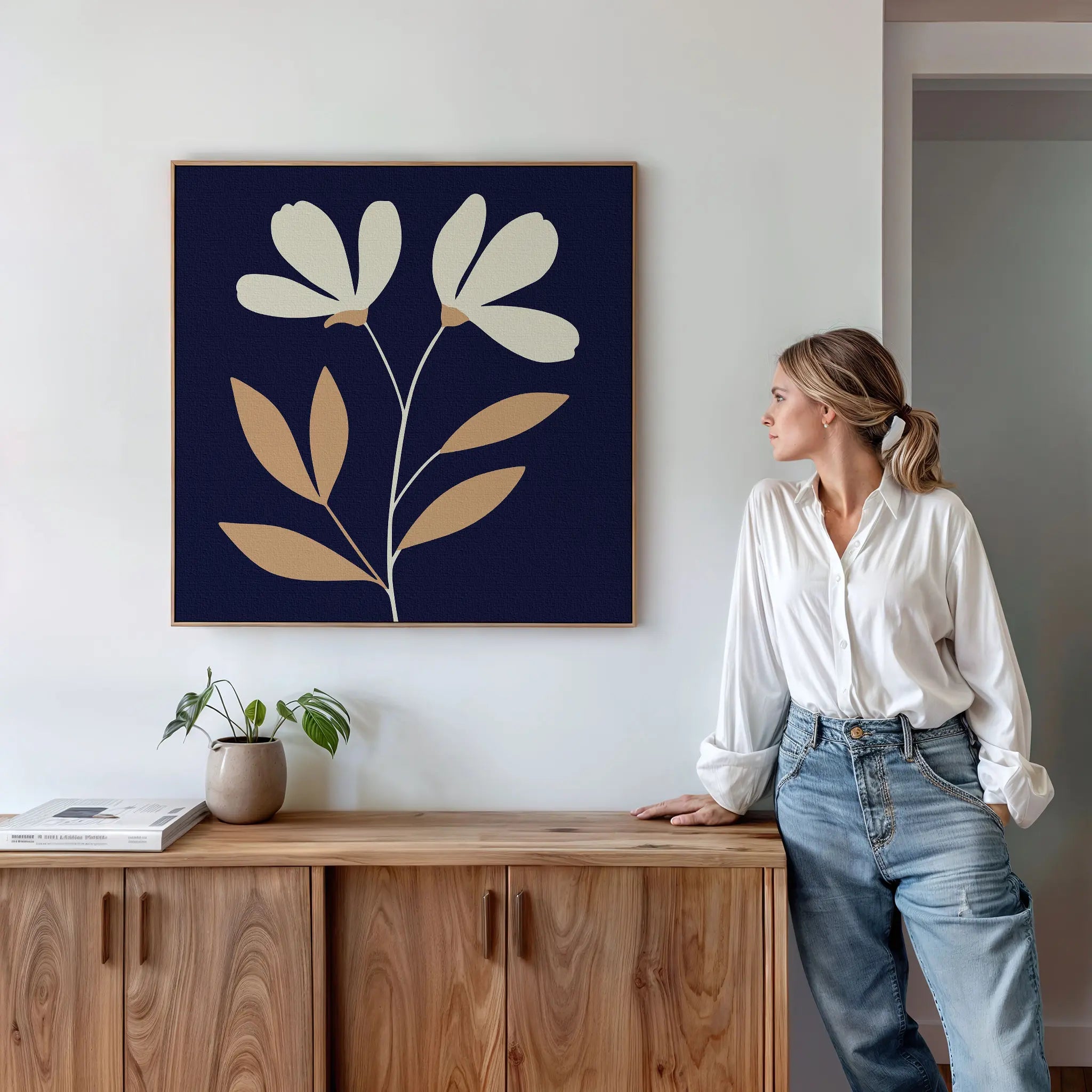 Midnight Bloom Whisper – blue botanical canvas wall art print by Aspire Prints