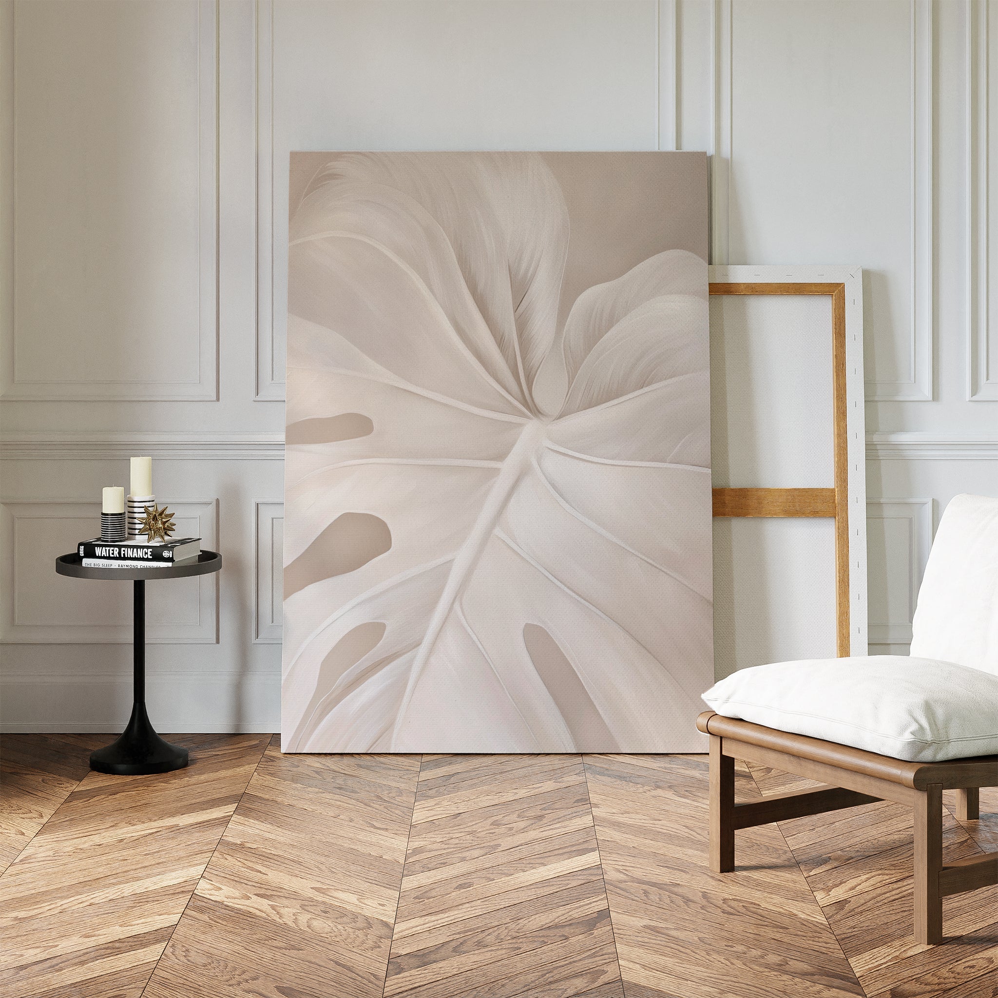 Whispering Fronds – beige and white botanical canvas wall art print by Aspire Prints