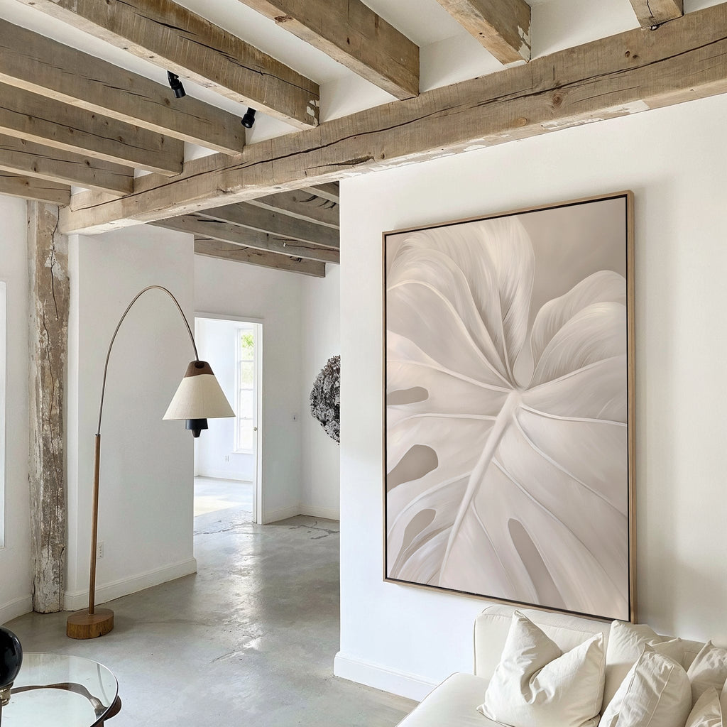 Whispering Fronds – beige and white botanical canvas wall art print by Aspire Prints