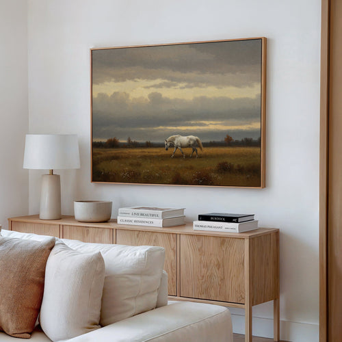 Hooves Through the Hush – neutral-toned vintage canvas wall art print by Aspire Prints
