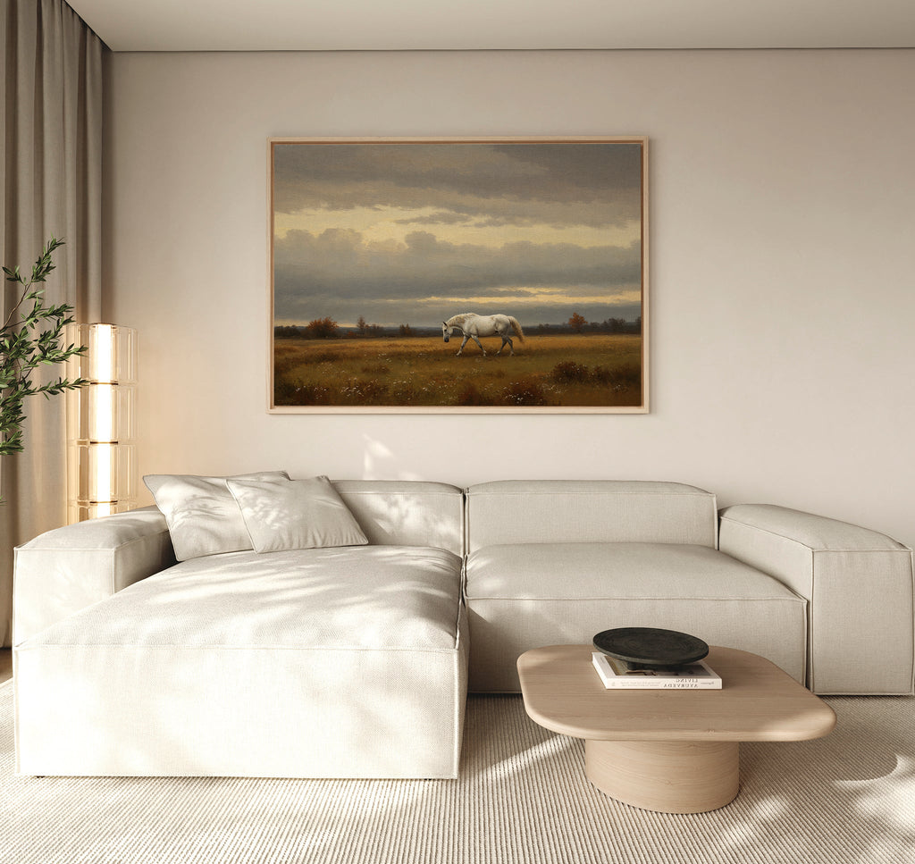 Hooves Through the Hush – neutral-toned vintage canvas wall art print by Aspire Prints