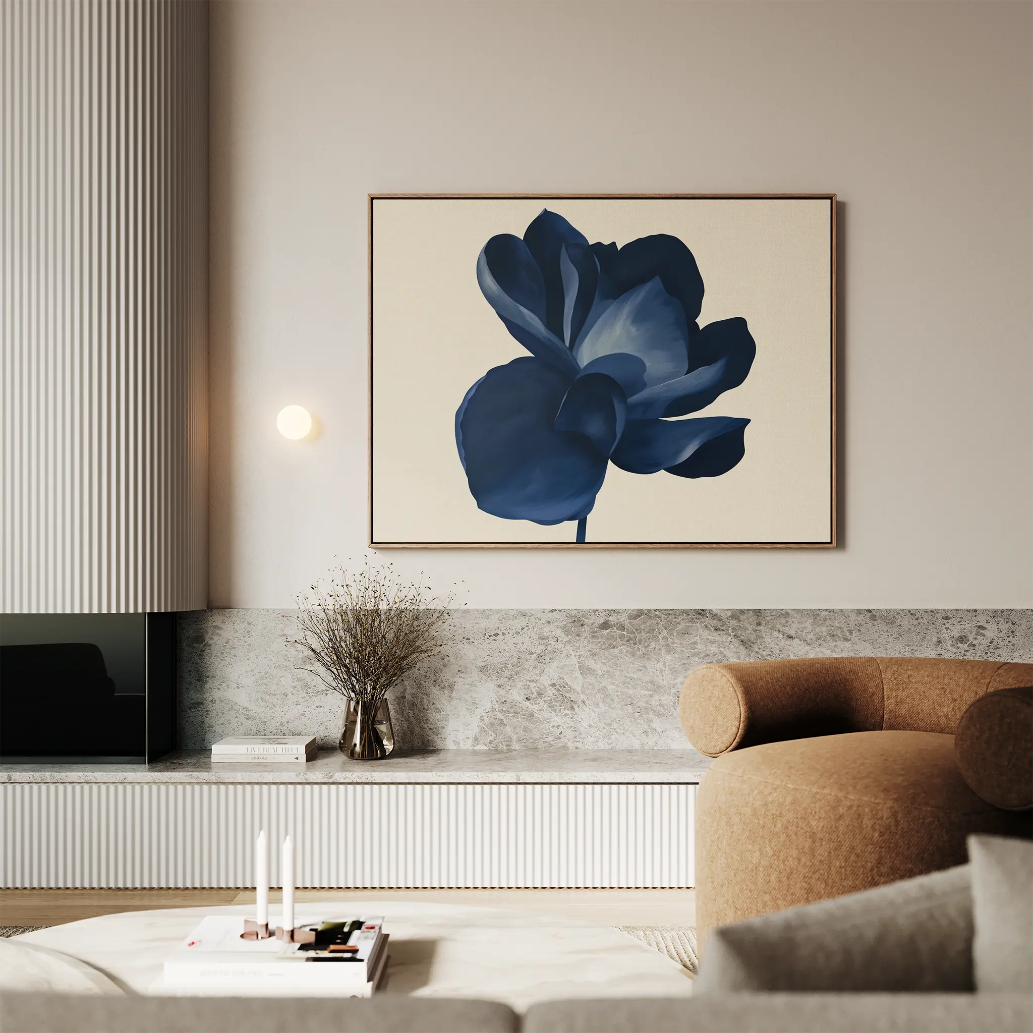 Midnight Bloom Hush – blue botanical canvas wall art print by Aspire Prints