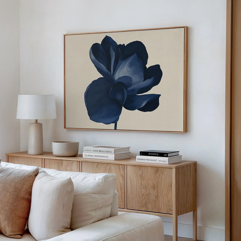 Midnight Bloom Hush – blue botanical canvas wall art print by Aspire Prints