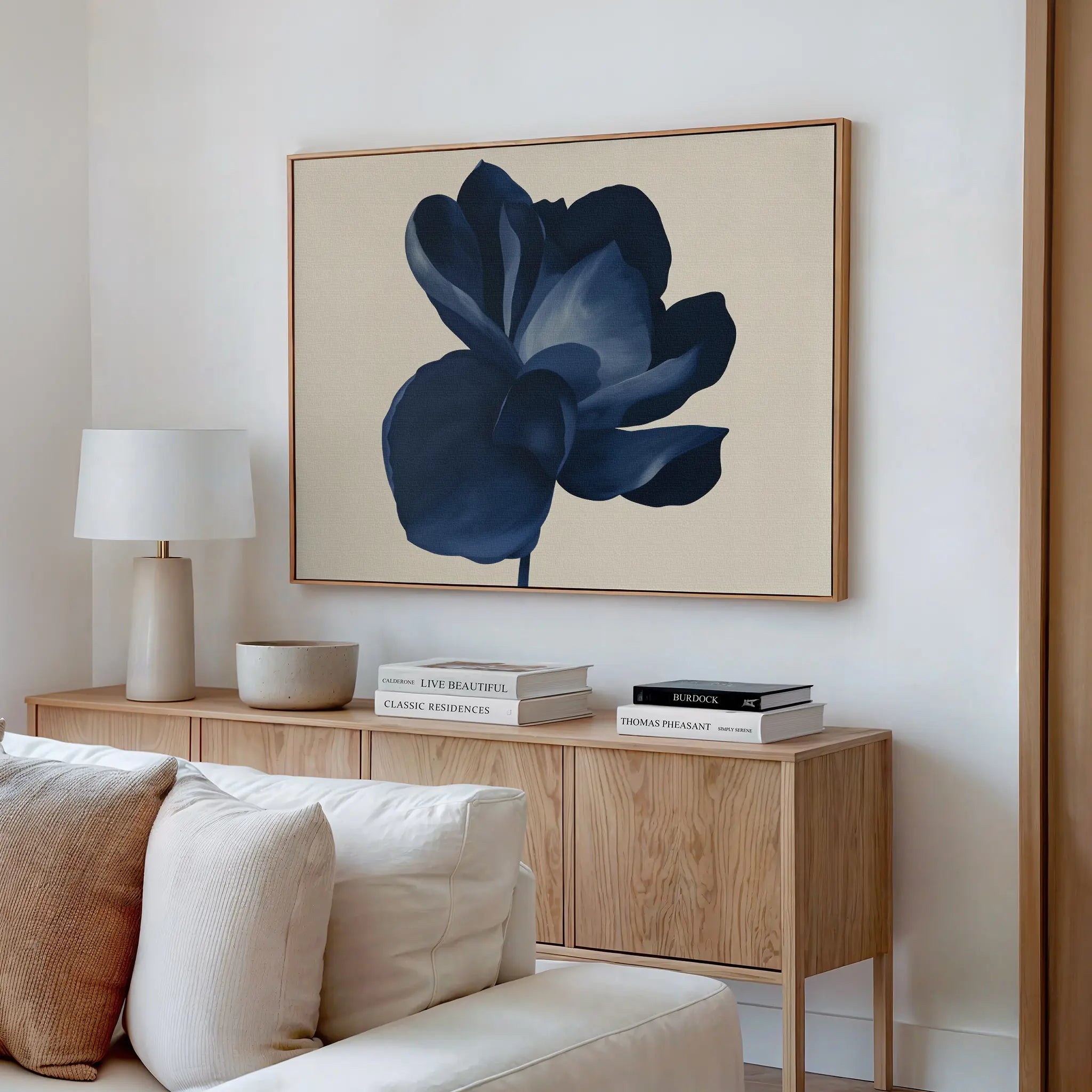 Midnight Bloom Hush – blue botanical canvas wall art print by Aspire Prints