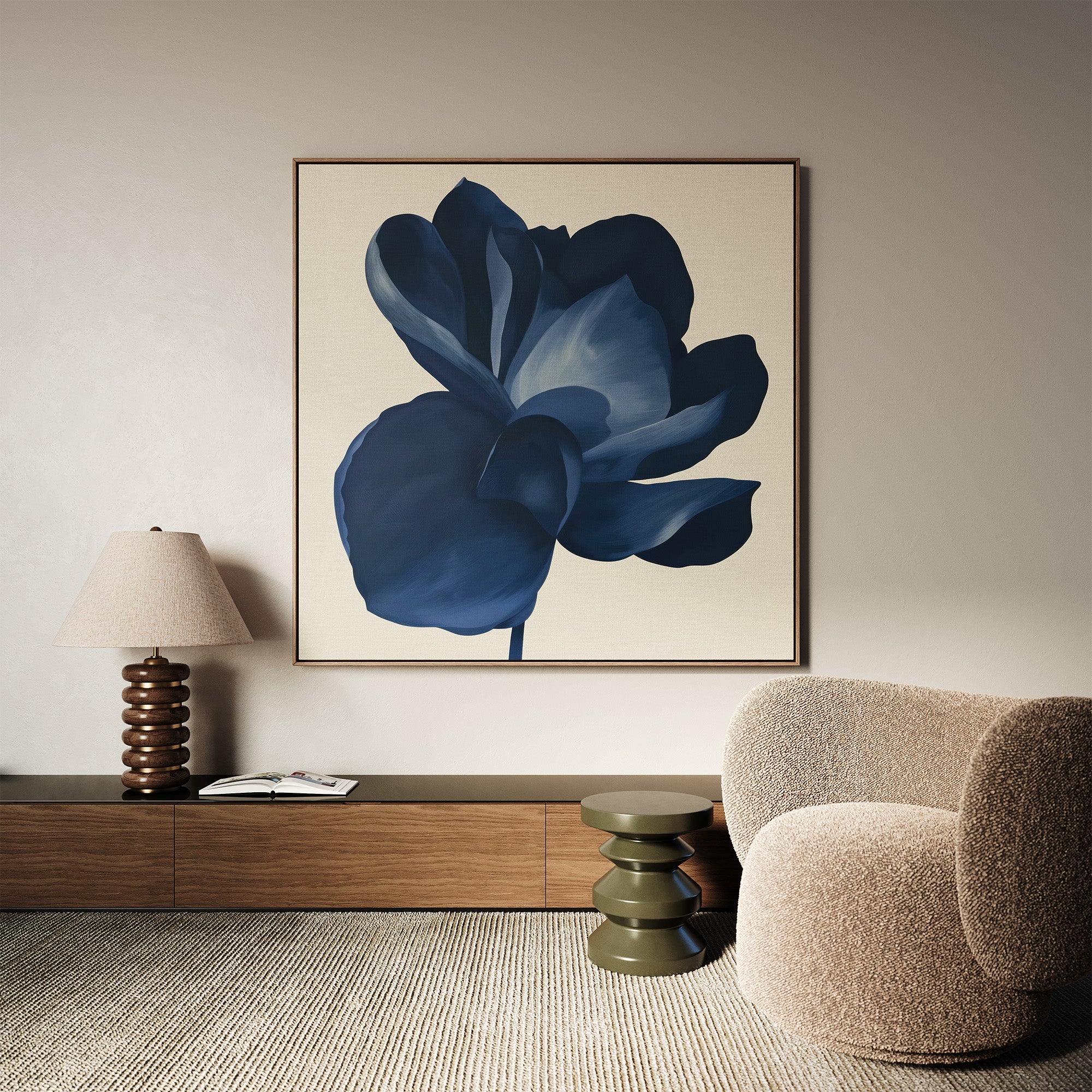 Midnight Bloom Hush – blue botanical canvas wall art print by Aspire Prints