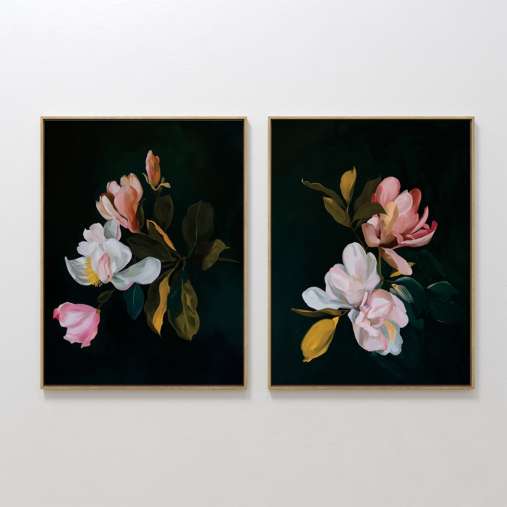 Midnight Bloom Duet – Set of 2 Canvas Prints set of 2 – black botanical canvas wall art by Aspire Prints