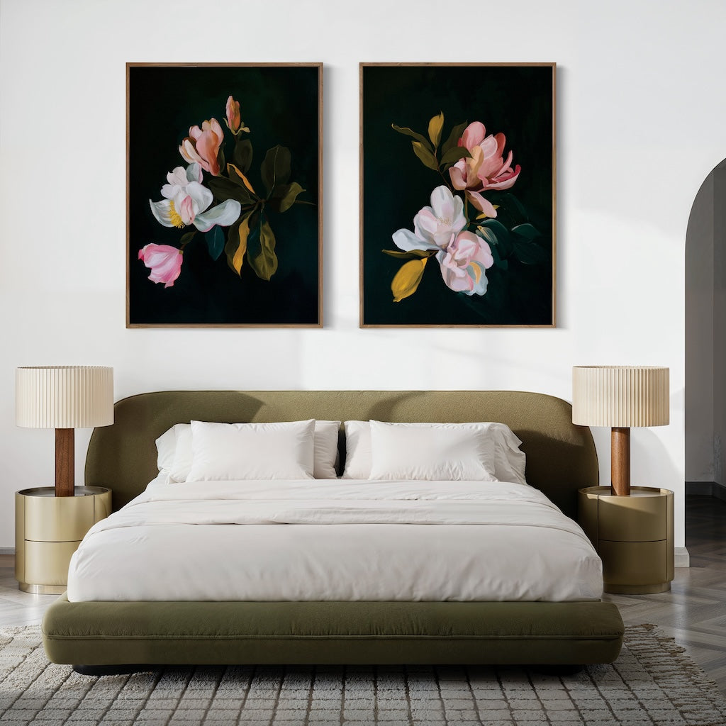 Midnight Bloom Duet – Set of 2 Canvas Prints set of 2 – black botanical canvas wall art by Aspire Prints