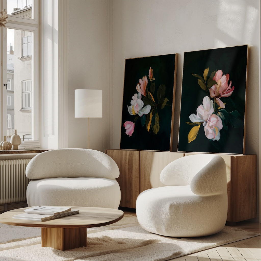 Midnight Bloom Duet – Set of 2 Canvas Prints set of 2 – black botanical canvas wall art by Aspire Prints