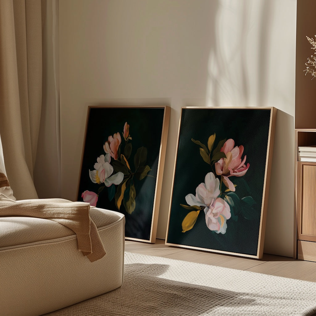 Midnight Bloom Duet – Set of 2 Canvas Prints set of 2 – black botanical canvas wall art by Aspire Prints