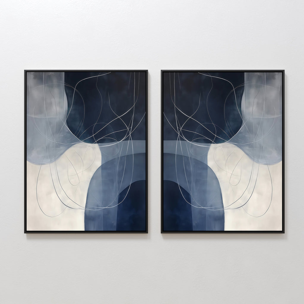 Whispers in Indigo – Set of 2 Canvas Prints set of 2 – neutral-toned abstract canvas wall art by Aspire Prints