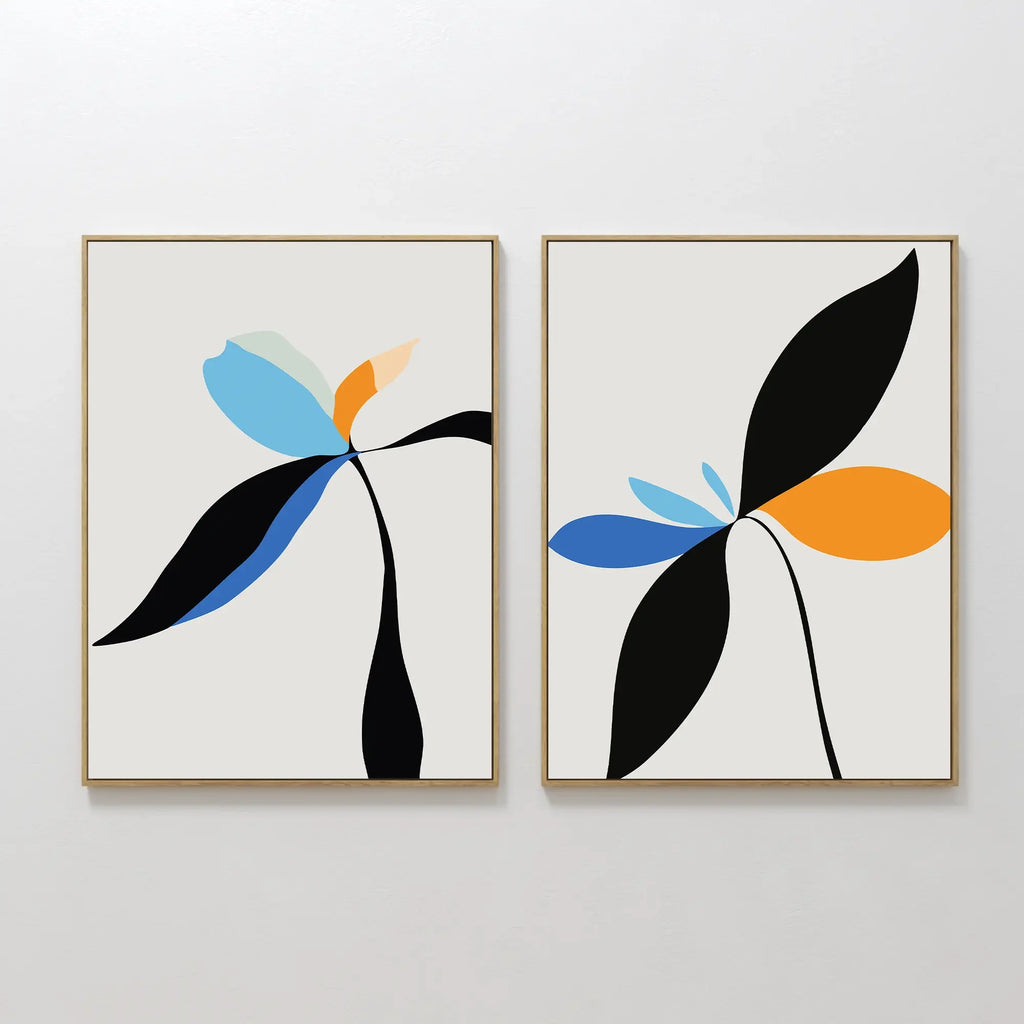 Petal Whispers Diptych – Set of 2 Canvas Prints set of 2 – blue botanical canvas wall art by Aspire Prints