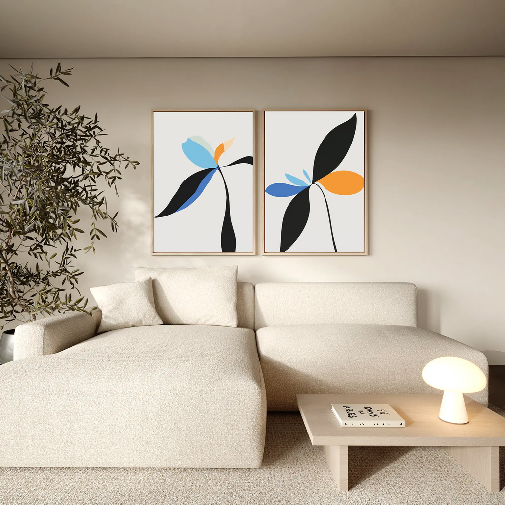 Petal Whispers Diptych – Set of 2 Canvas Prints set of 2 – blue botanical canvas wall art by Aspire Prints