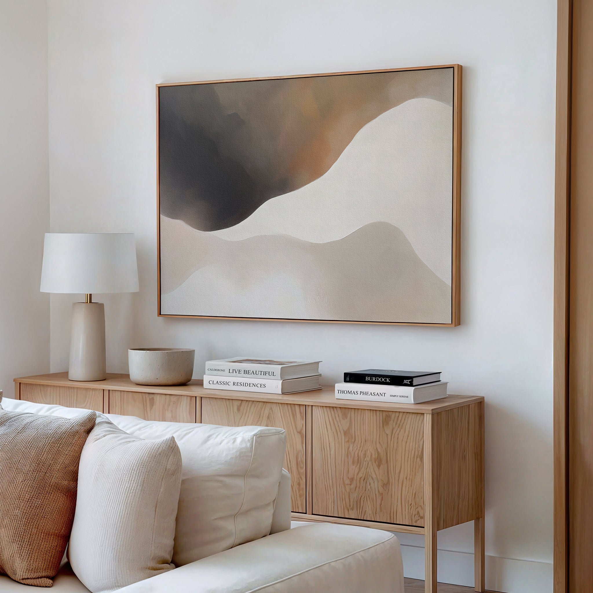 Whispers in the Fog – beige and white abstract canvas wall art print by Aspire Prints