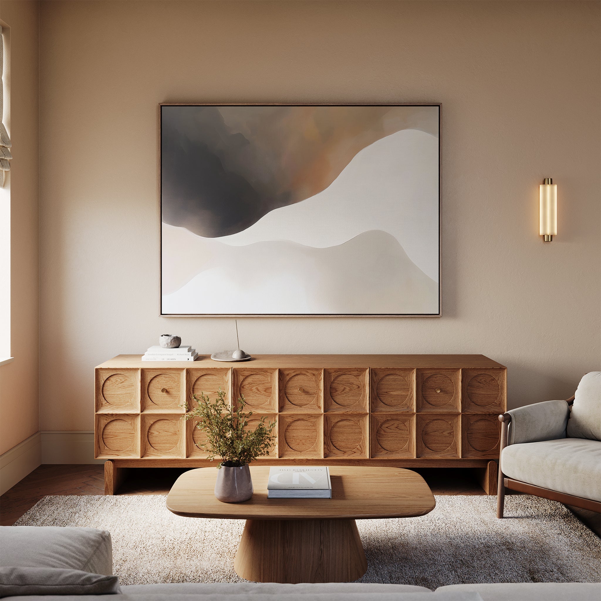 Whispers in the Fog – beige and white abstract canvas wall art print by Aspire Prints