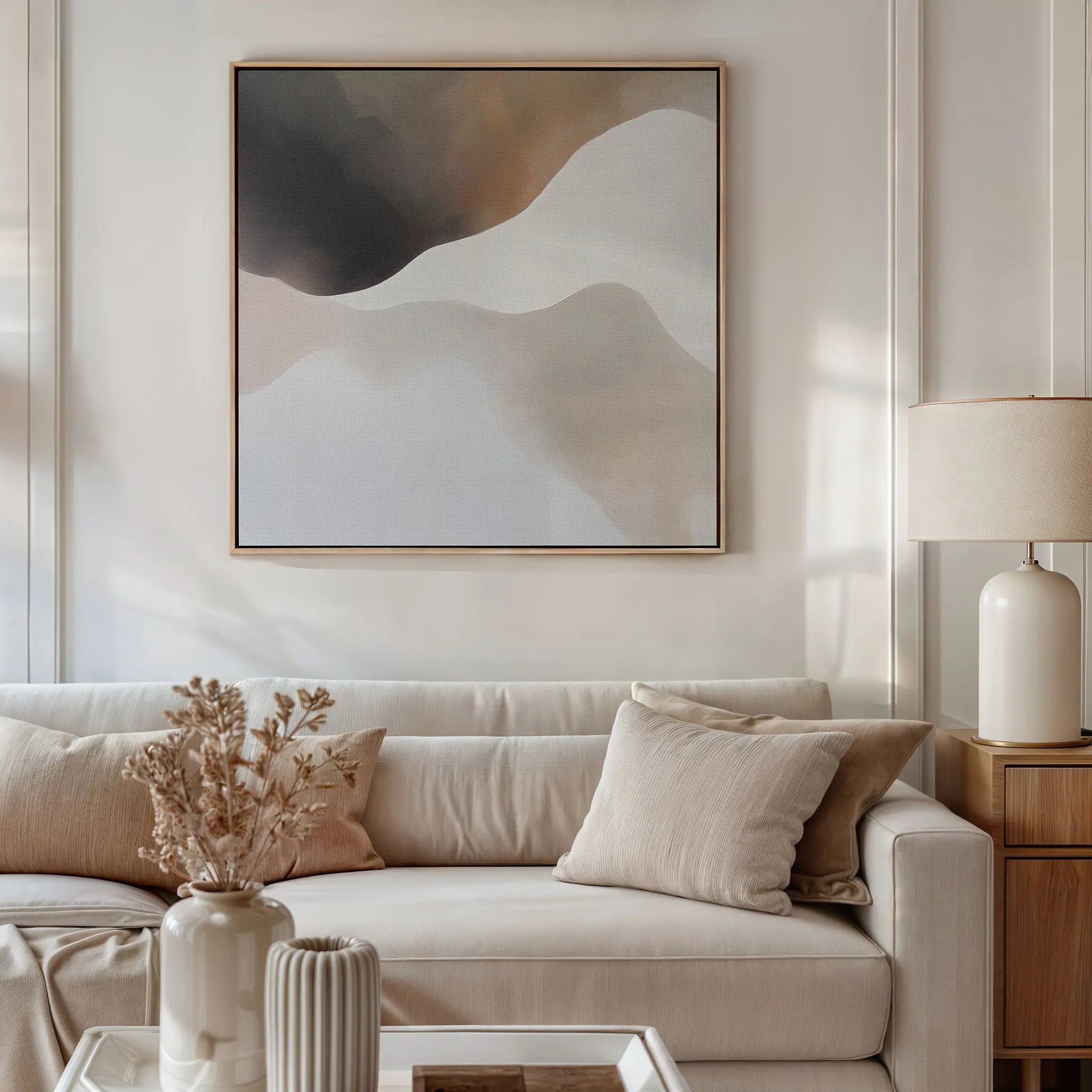 Whispers in the Mist – beige and white abstract canvas wall art print by Aspire Prints