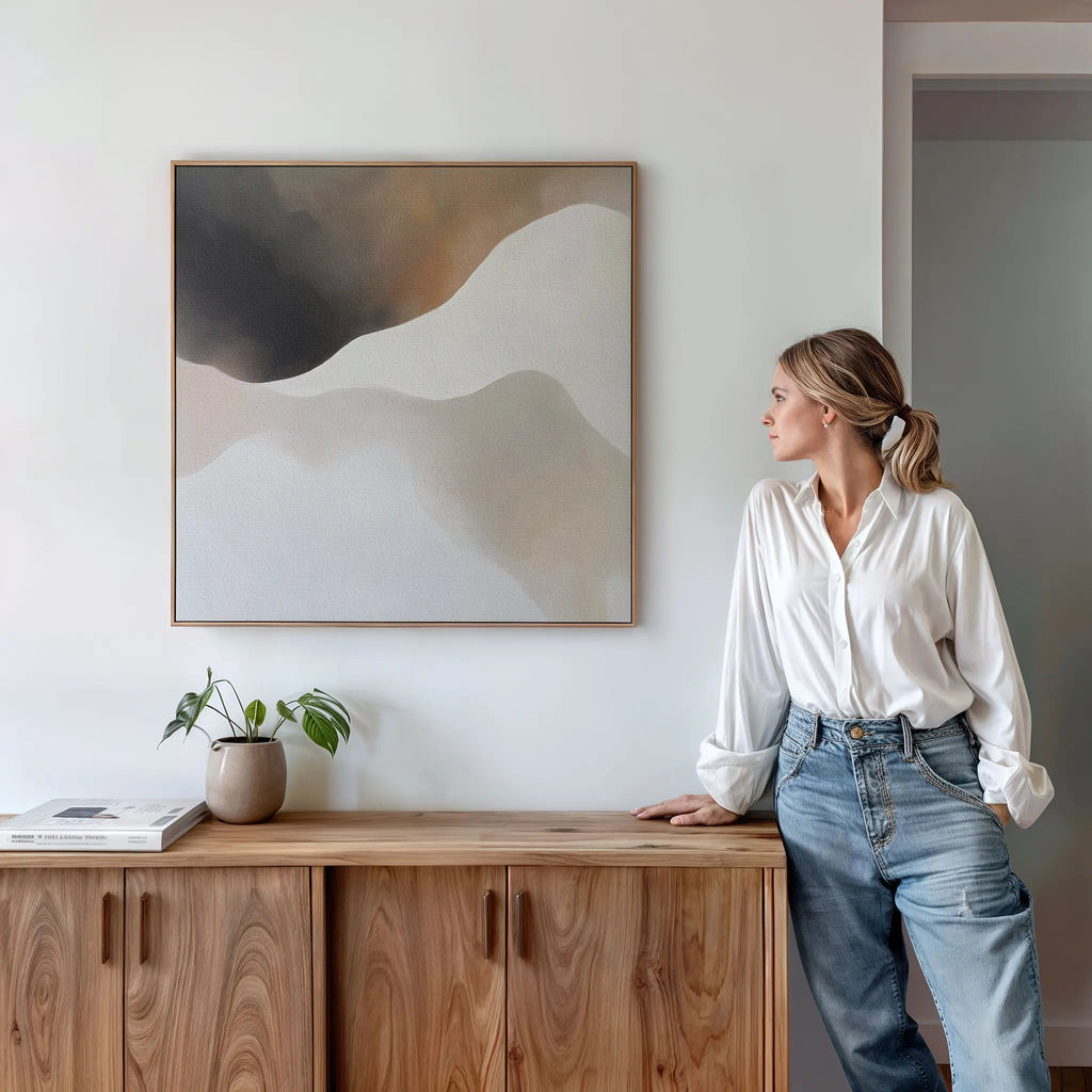 Whispers in the Mist – beige and white abstract canvas wall art print by Aspire Prints