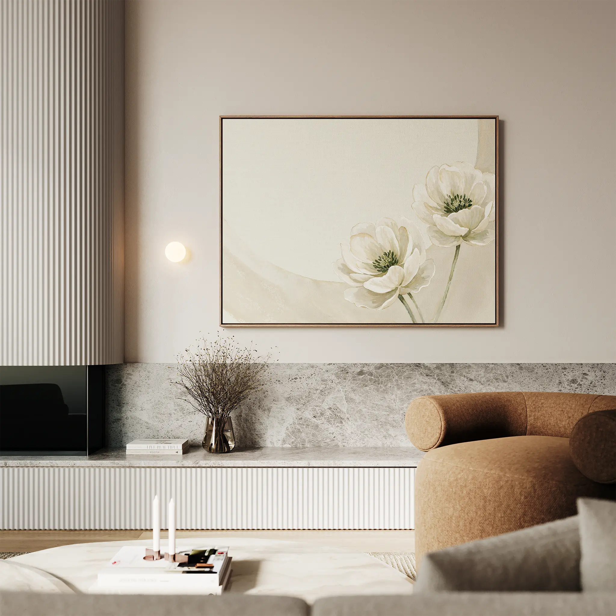 Whispers of Dawn Bloom – beige and white botanical canvas wall art print by Aspire Prints