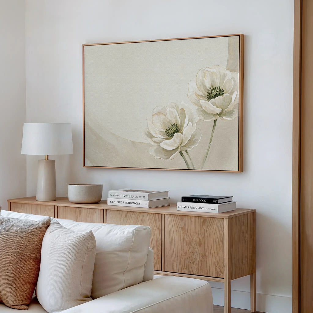 Whispers of Dawn Bloom – beige and white botanical canvas wall art print by Aspire Prints
