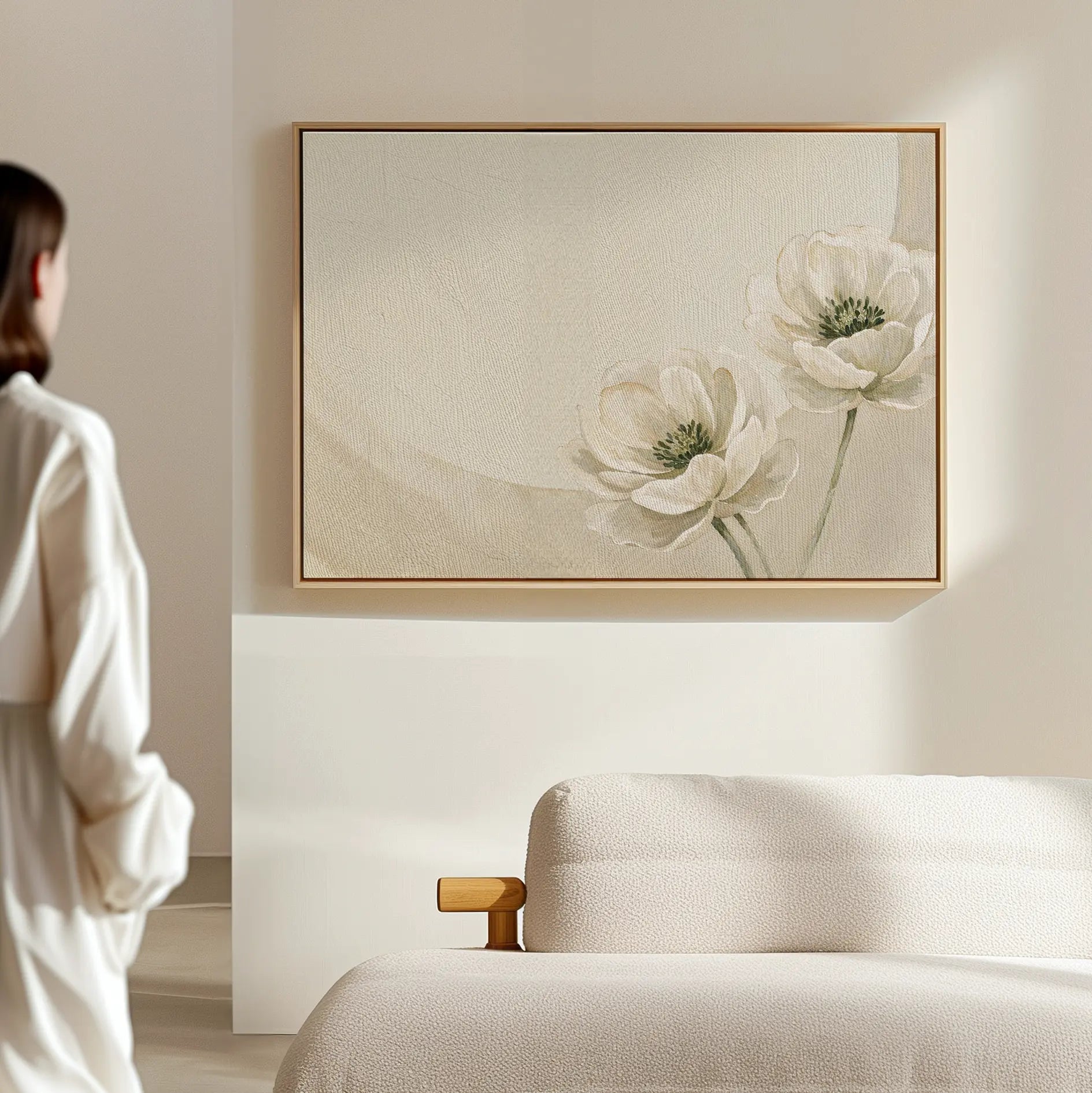 Whispers of Dawn Bloom – beige and white botanical canvas wall art print by Aspire Prints