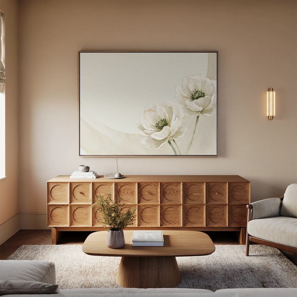 Whispers of Dawn Bloom – beige and white botanical canvas wall art print by Aspire Prints