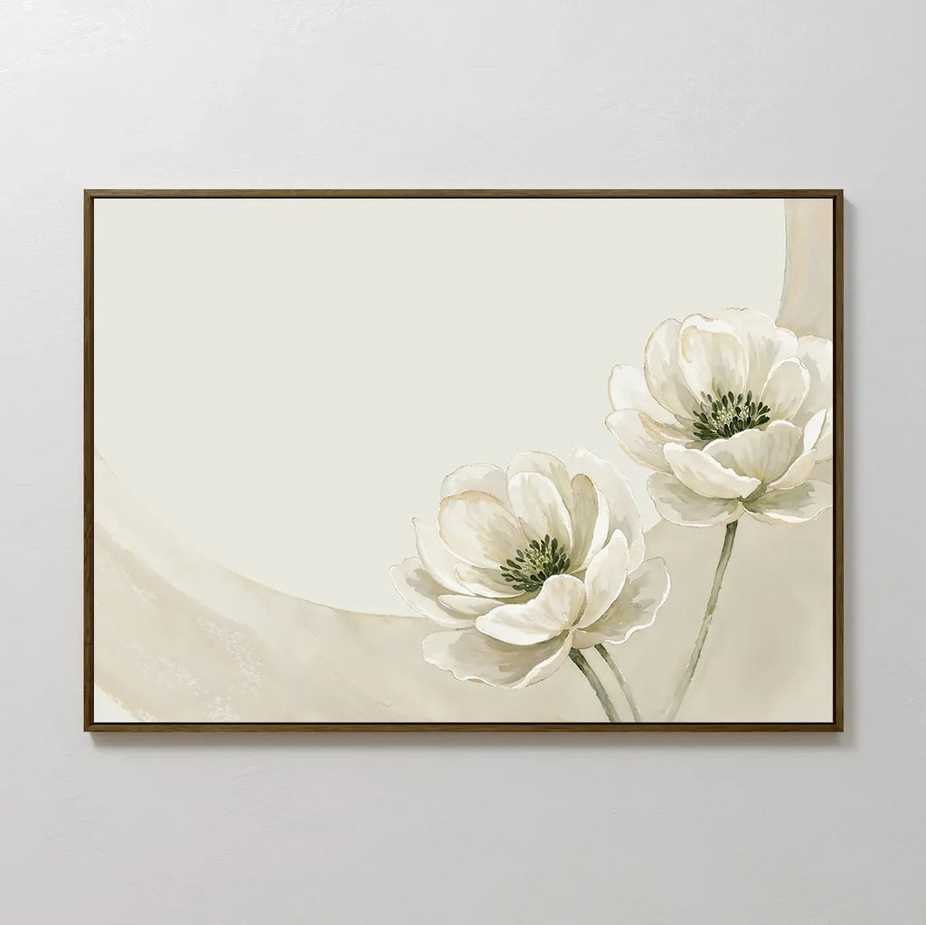 Whispers of Dawn Bloom – beige and white botanical canvas wall art print by Aspire Prints