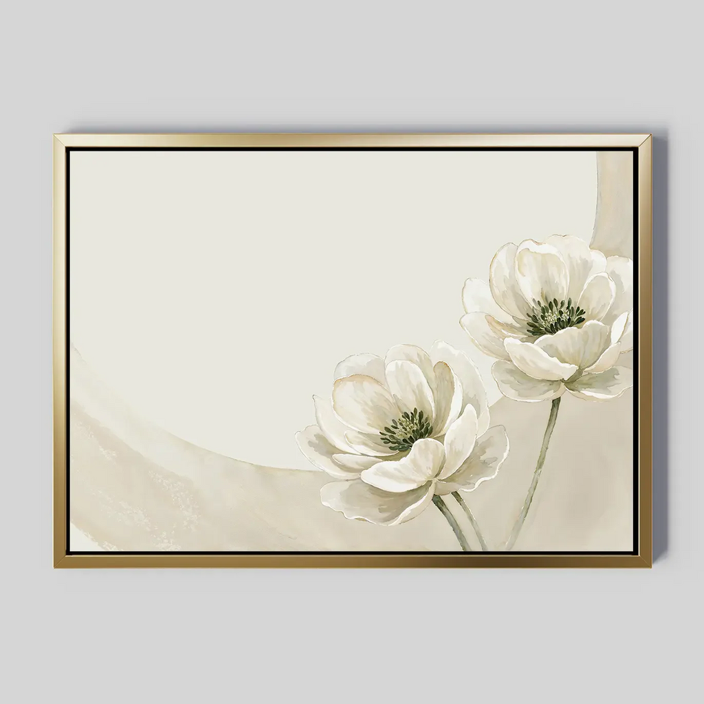 Whispers of Dawn Bloom – beige and white botanical canvas wall art print by Aspire Prints